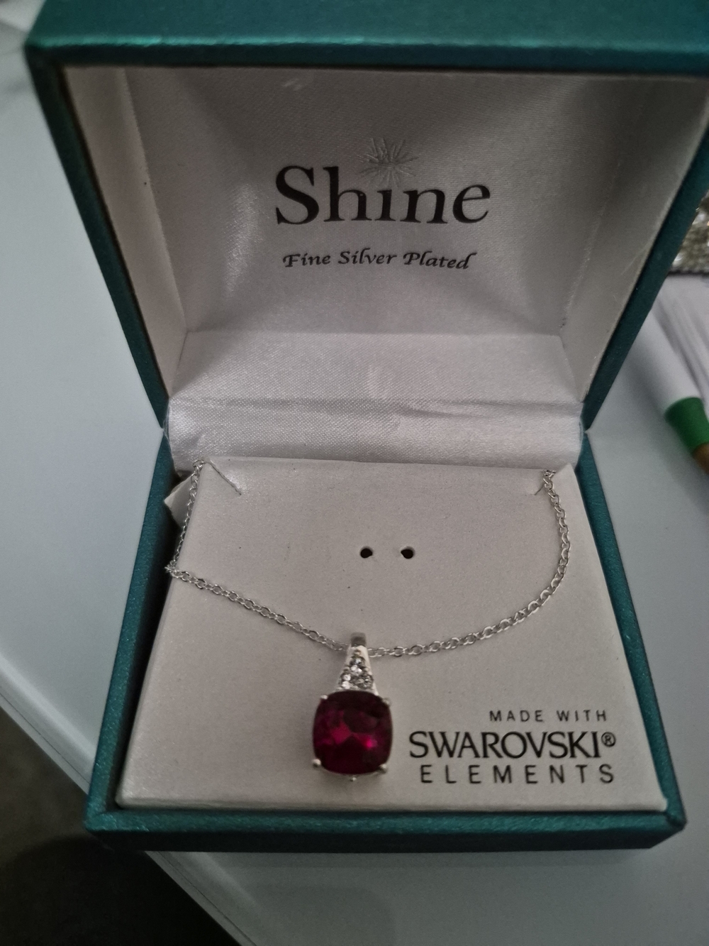 Swarovski Silver-Plated Necklace with Ruby Red Pendant
